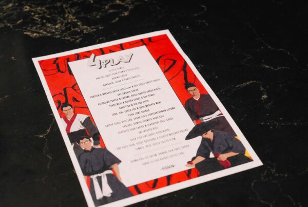 Rōnin illustrated menu card with samurai artwork in red, black and white